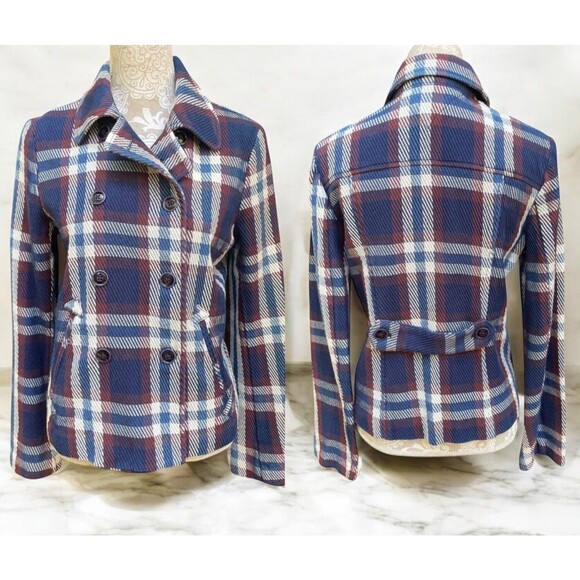 Tommy Hilfiger Plaid Pea Coat Double Breasted Navy White Maroon Women’s Size S - Picture 1 of 16